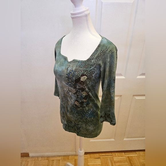 NEW Y2K GLIMA Green Blue Tie Dye Printed Jaguar 3/4 Sleeve Cotton Blouse Top S - Picture 4 of 7